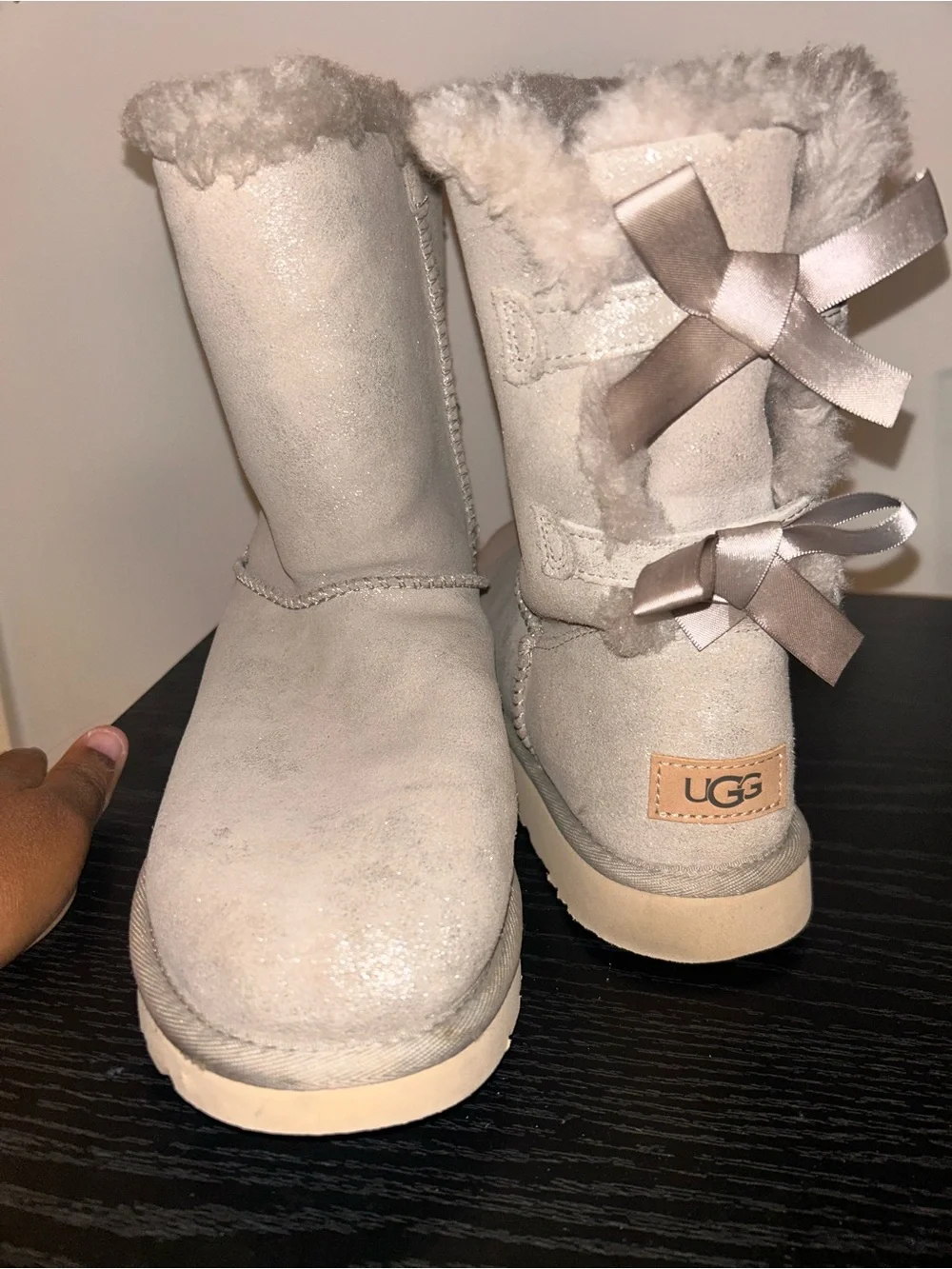 UGG Light Taupe Short Shearling Boots with Satin Bows